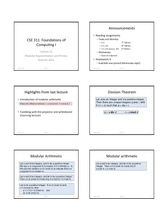CSE 311  Foundations of  4.3 7 th Edition  Computing I  3.5, 3.6 6 th Edition  2.5, 2.6 up