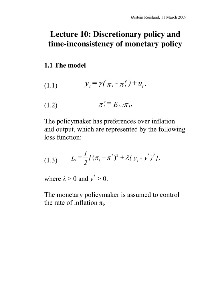 lecture 10 discretionary policy and time inconsistency of