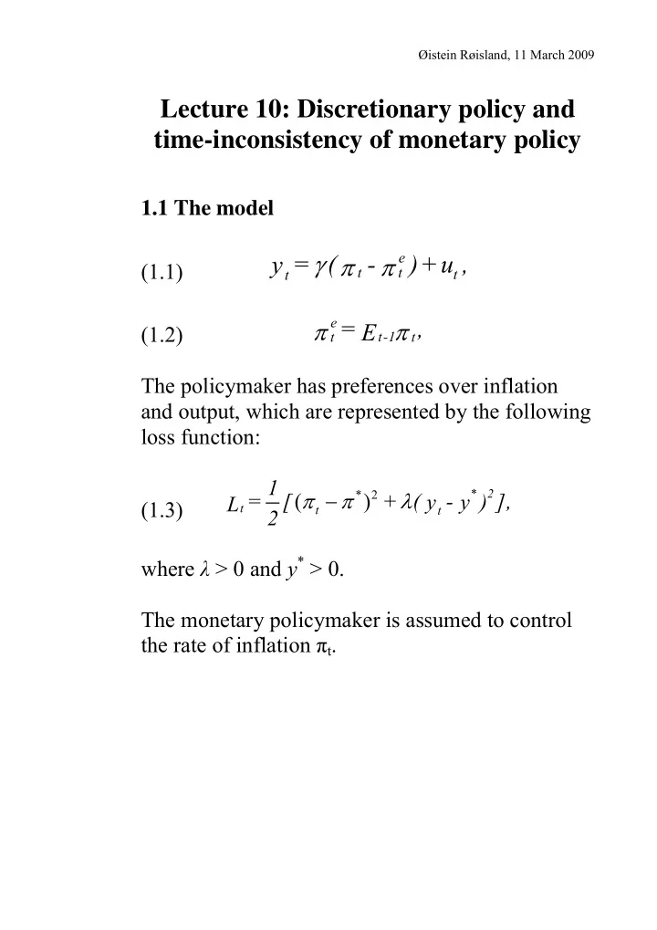 lecture 10 discretionary policy and time inconsistency of