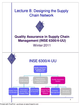 Lecture 8:  Designing the Supply  Chain Network  Chain Network    Quality Assurance in Supply