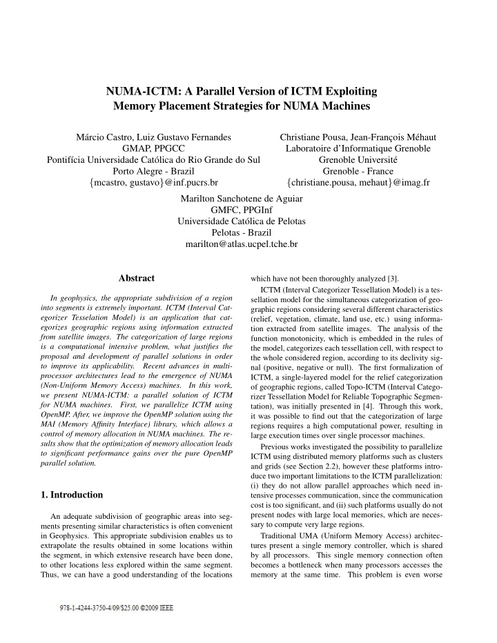 numa ictm a parallel version of ictm exploiting memory