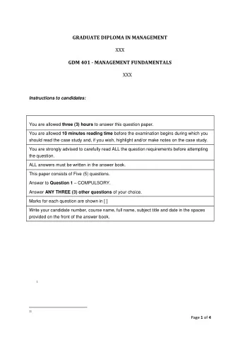 GRADUATE DIPLOMA IN MANAGEMENT  XXX  GDM 401 - MANAGEMENT FUNDAMENTALS  XXX  Instructions to