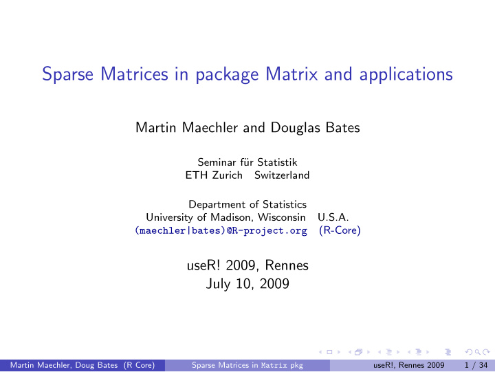 sparse matrices in package matrix and applications