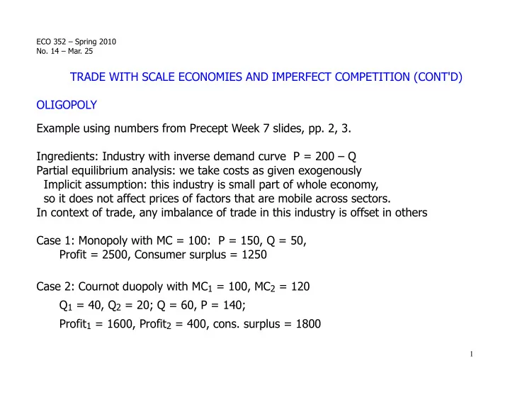 trade with scale economies and imperfect competition cont