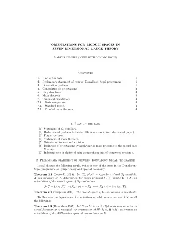 ORIENTATIONS FOR MODULI SPACES IN  SEVEN-DIMENSIONAL GAUGE THEORY  MARKUS UPMEIER (JOINT WITH