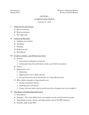 Economics 2  Professor Christina Romer  Spring 2019  Professor David Romer  LECTURE 1  SCARCITY AND