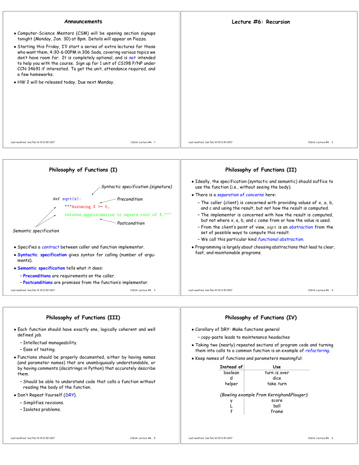 announcements lecture 6 recursion