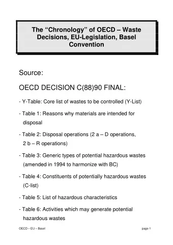 The Chronology of OECD  Waste Decisions, EU -Legislation, Basel Convention Source: OECD