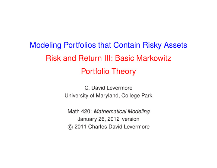 modeling portfolios that contain risky assets risk and