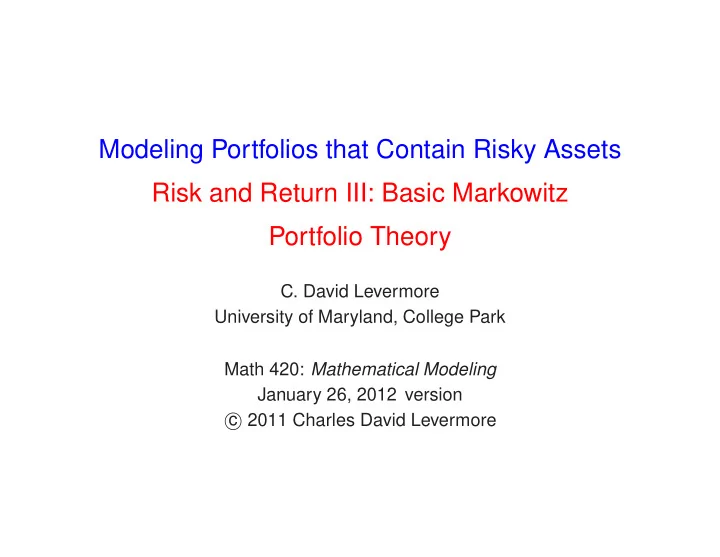modeling portfolios that contain risky assets risk and