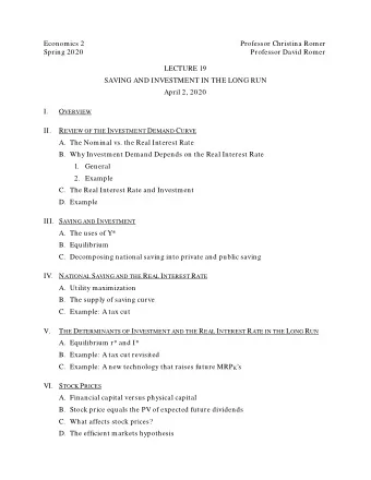 Economics 2  Professor Christina Romer  Spring 2020  Professor David Romer  LECTURE 19  SAVING AND