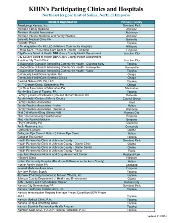 KHIN's Participating Clinics and Hospitals  Northeast Region: East of Salina, North of Emporia