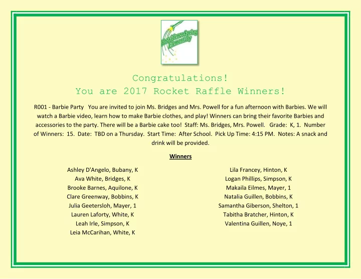 congratulations you are 2017 rocket raffle winners