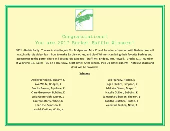 Congratulations!  You are 2017 Rocket Raffle Winners!  R001 - Barbie Party   You are invited to