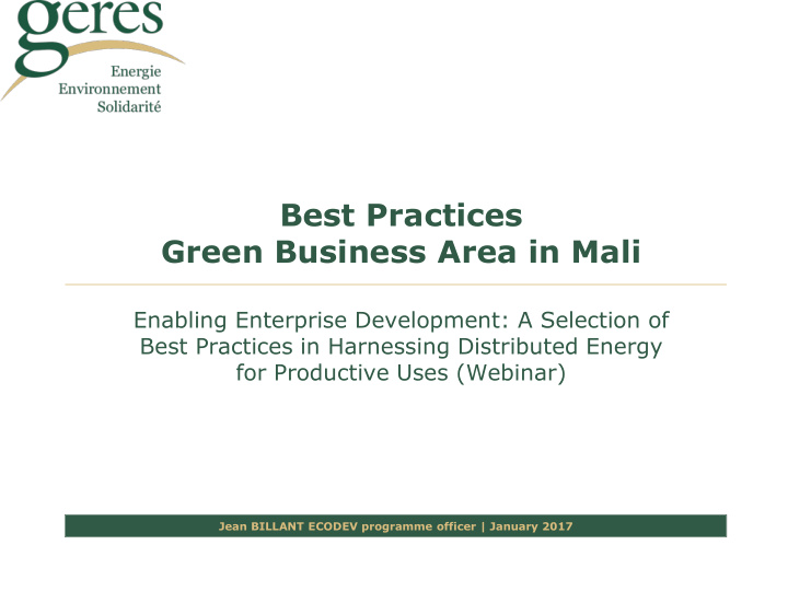 best practices green business area in mali