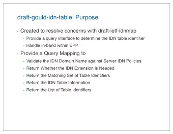draft-gould-idn-table: Purpose  Created to resolve concerns with draft-ietf-idnmap  Provide a