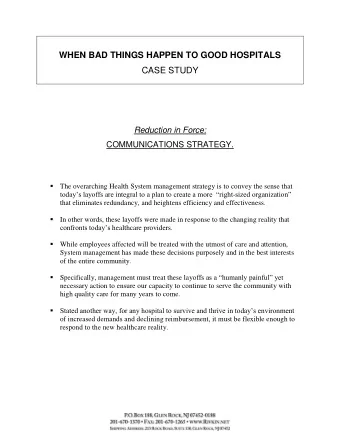 WHEN BAD THINGS HAPPEN TO GOOD HOSPITALS  CASE STUDY  Reduction in Force:  COMMUNICATIONS STRATEGY.