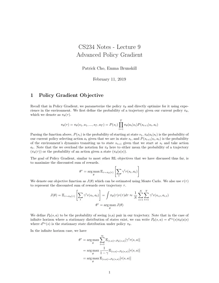 cs234 notes lecture 9 advanced policy gradient