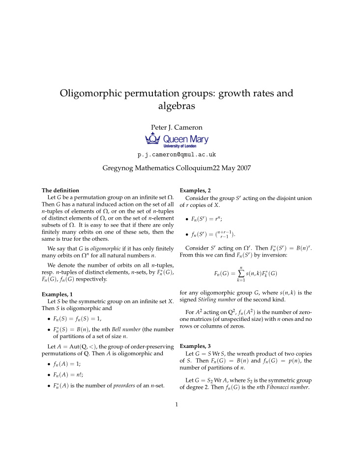 oligomorphic permutation groups growth rates and algebras