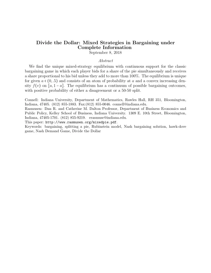 divide the dollar mixed strategies in bargaining under