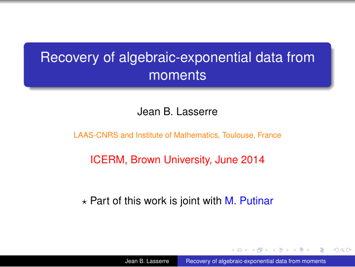 recovery of algebraic exponential data from moments