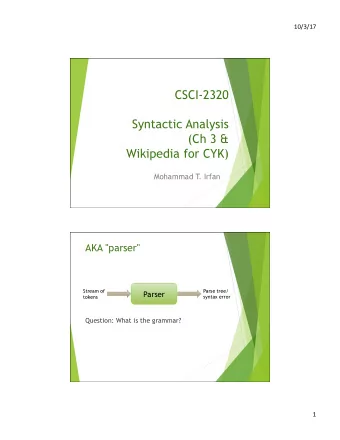 CSCI-2320  Syntactic Analysis  (Ch 3 &amp; Wikipedia for CYK)  Mohammad T  . Irfan  AKA