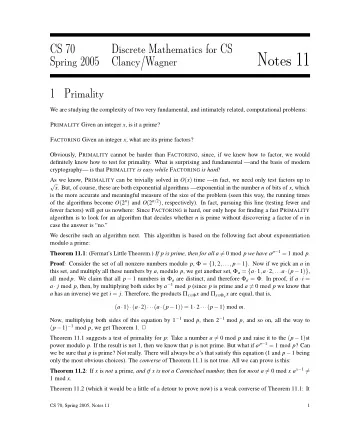 Notes 11  Spring 2005  Clancy/Wagner  1  Primality  We are studying the complexity of two very