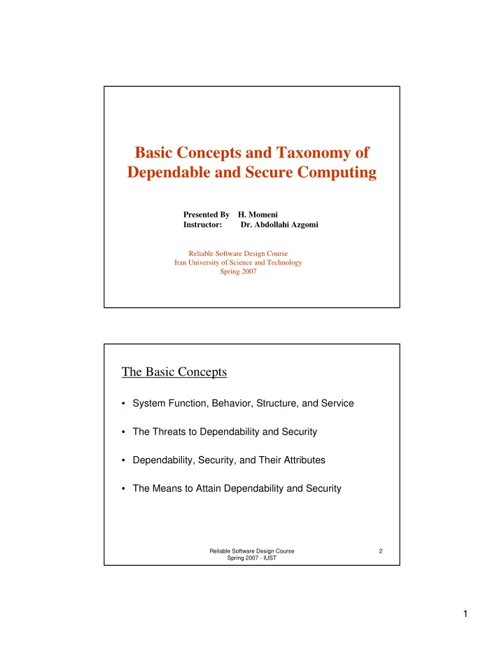 basic concepts and taxonomy of dependable and secure