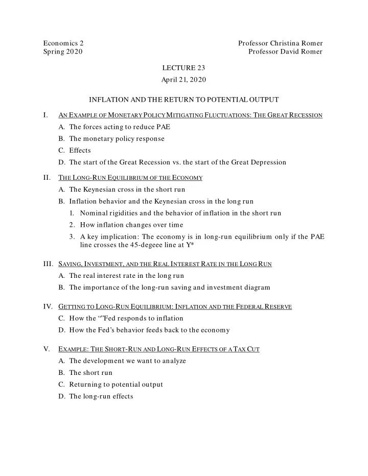 economics 2 professor christina romer spring 2020