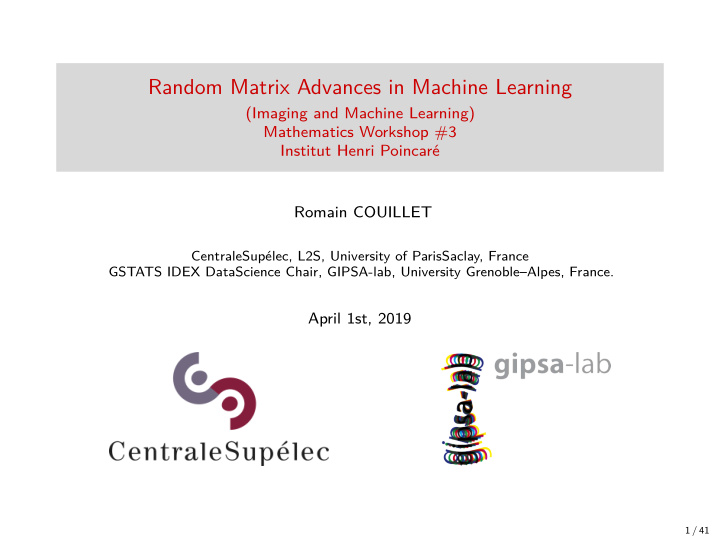 random matrix advances in machine learning