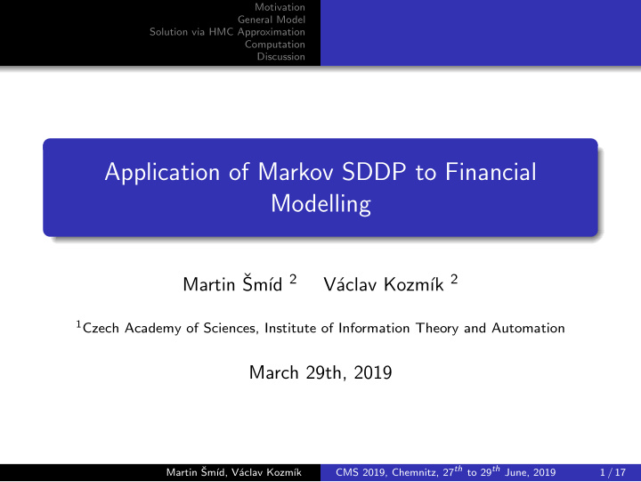 application of markov sddp to financial modelling