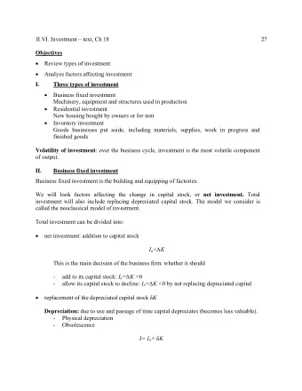 II.VI. Investment  text, Ch 18  27  Objectives  Review types of investment  Analyze