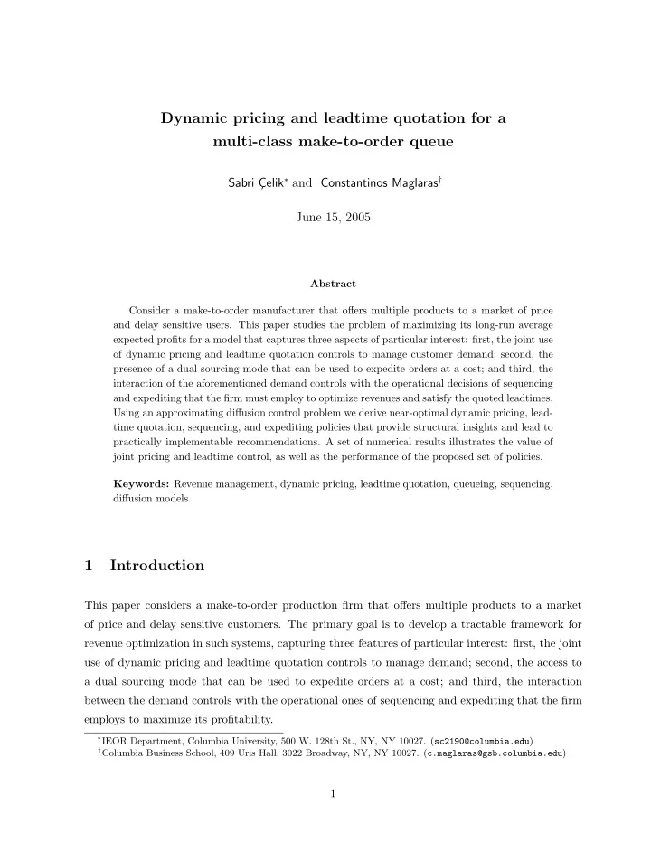 dynamic pricing and leadtime quotation for a multi class