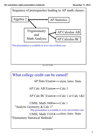 What college credit can be earned?  AP Stats Exam  elem./intro. Stats  AP Calc AB Exam  Calc 1  AP