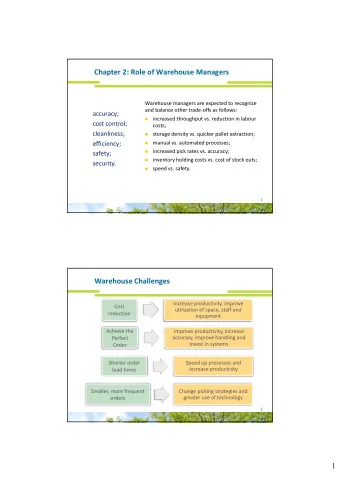 Chapter 2: Role of Warehouse Managers  Warehouse managers are expected to recognize  and balance