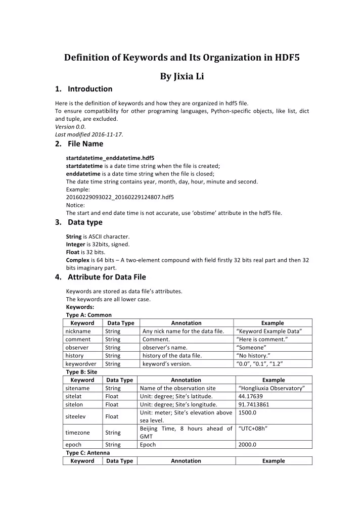 definition of keywords and its organization in hdf5 by