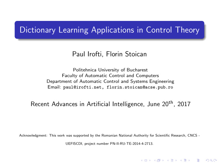 dictionary learning applications in control theory