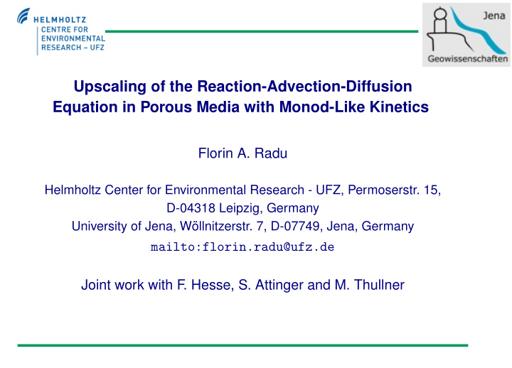 upscaling of the reaction advection diffusion equation in