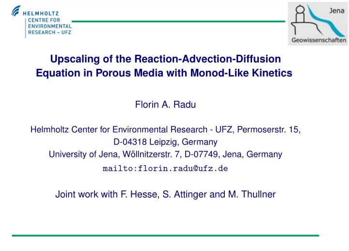 upscaling of the reaction advection diffusion equation in