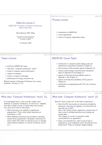 Previous Lecture  Slides for Lecture 2  ENCM 501: Principles of Computer Architecture  Winter 2014