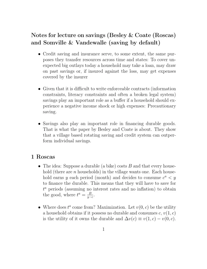 notes for lecture on savings besley coate roscas and