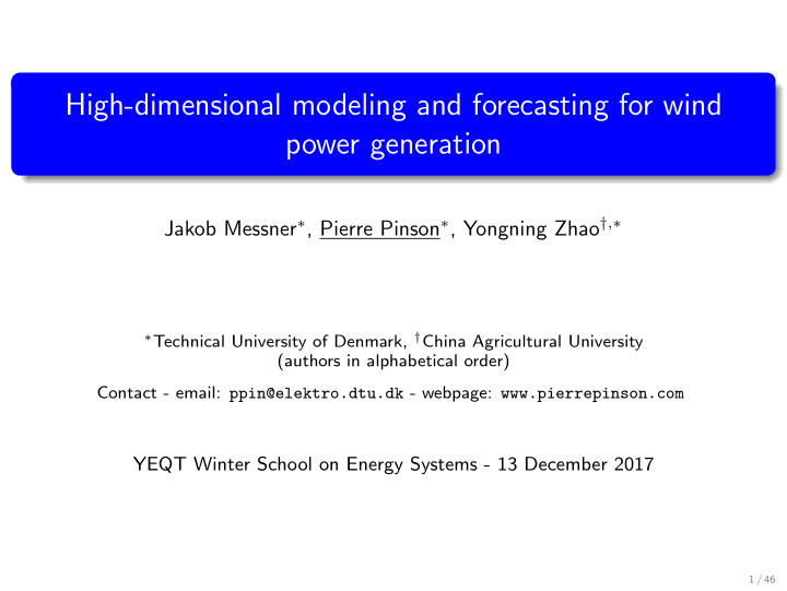 high dimensional modeling and forecasting for wind power