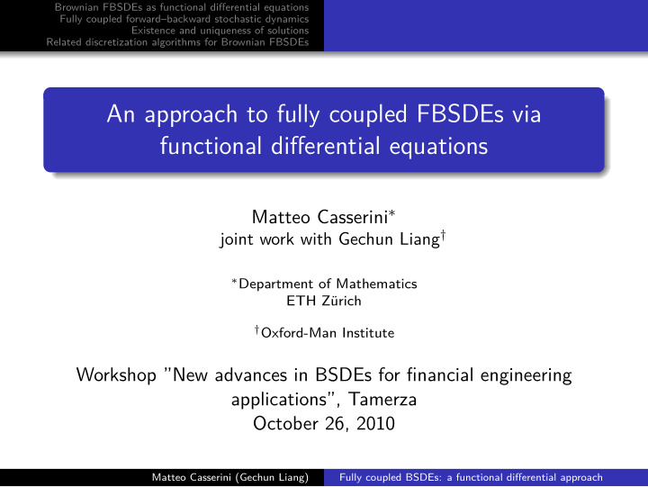 an approach to fully coupled fbsdes via functional