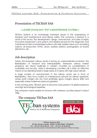 Presentation of TECBAN SAS   LEADER IN RAILWAY TEST &amp; MAINTENANCE SYSTEMS   TECban Systems