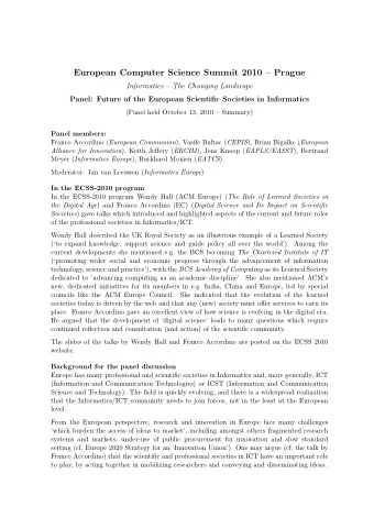 European Computer Science Summit 2010  Prague  Informatics  The Changing Landscape  Panel: