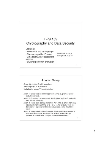 T-79.159  Cryptography and Data Security  Lecture 8:  - Finite fields and cyclic groups  Kaufman et