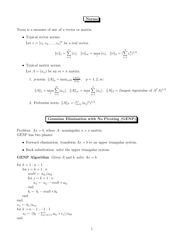 norms norm is a measure of size of a vector or matrix