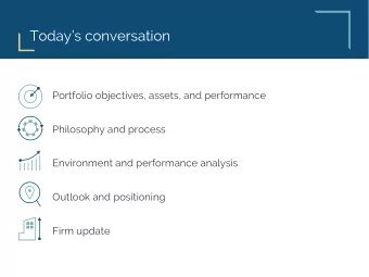 Todays conversation  Portfolio objectives, assets, and performance  Philosophy and process