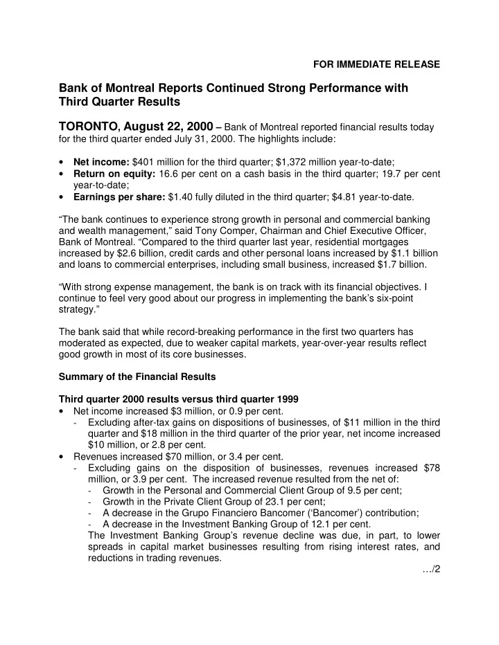 bank of montreal reports continued strong performance