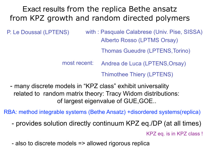 exact results from the replica bethe ansatz from kpz